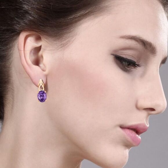 18K Yellow Gold 925 with 3.32 Cttw Amethyst Oval Post Back Drop Earrings - Picture 3 of 4